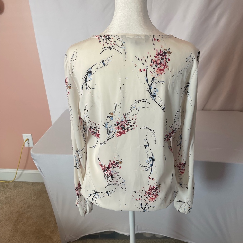 White House Blk Mkt Floral Ruffle Tie-Neck Blouse - Cream with Pink & Blue Print - Picture 3 of 3
